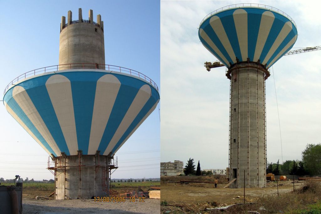 Watertower shafts executed with slipform. Heavy lift of concrete tank